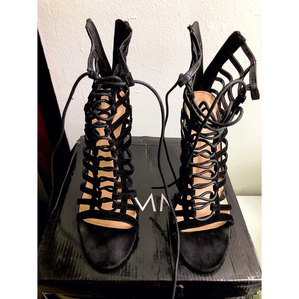 Black Suede Lace-Up Heeled Sandals